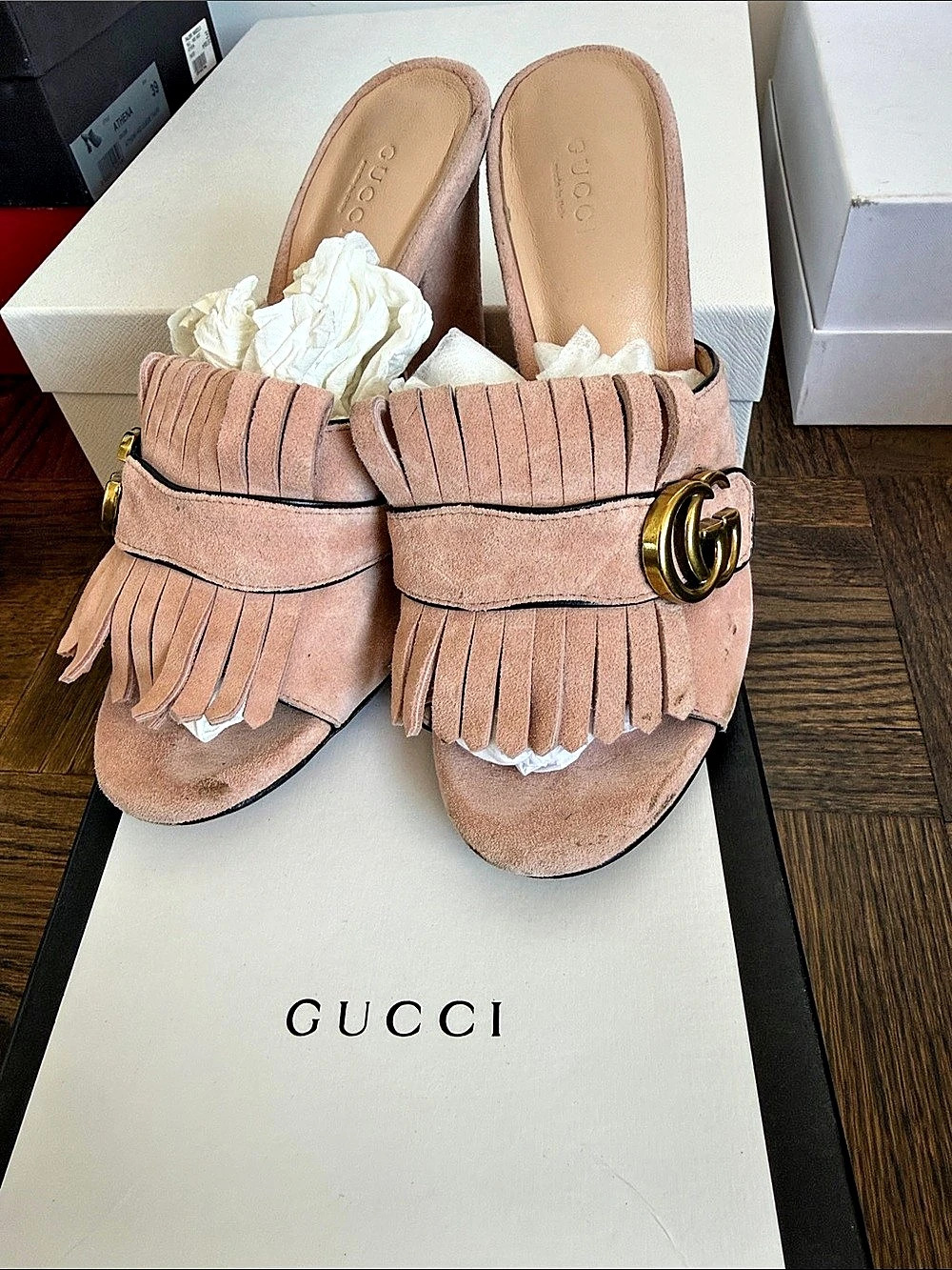 Gucci GG Marmont Fringe Block Heel Slide Sandals Pink Mule 8
